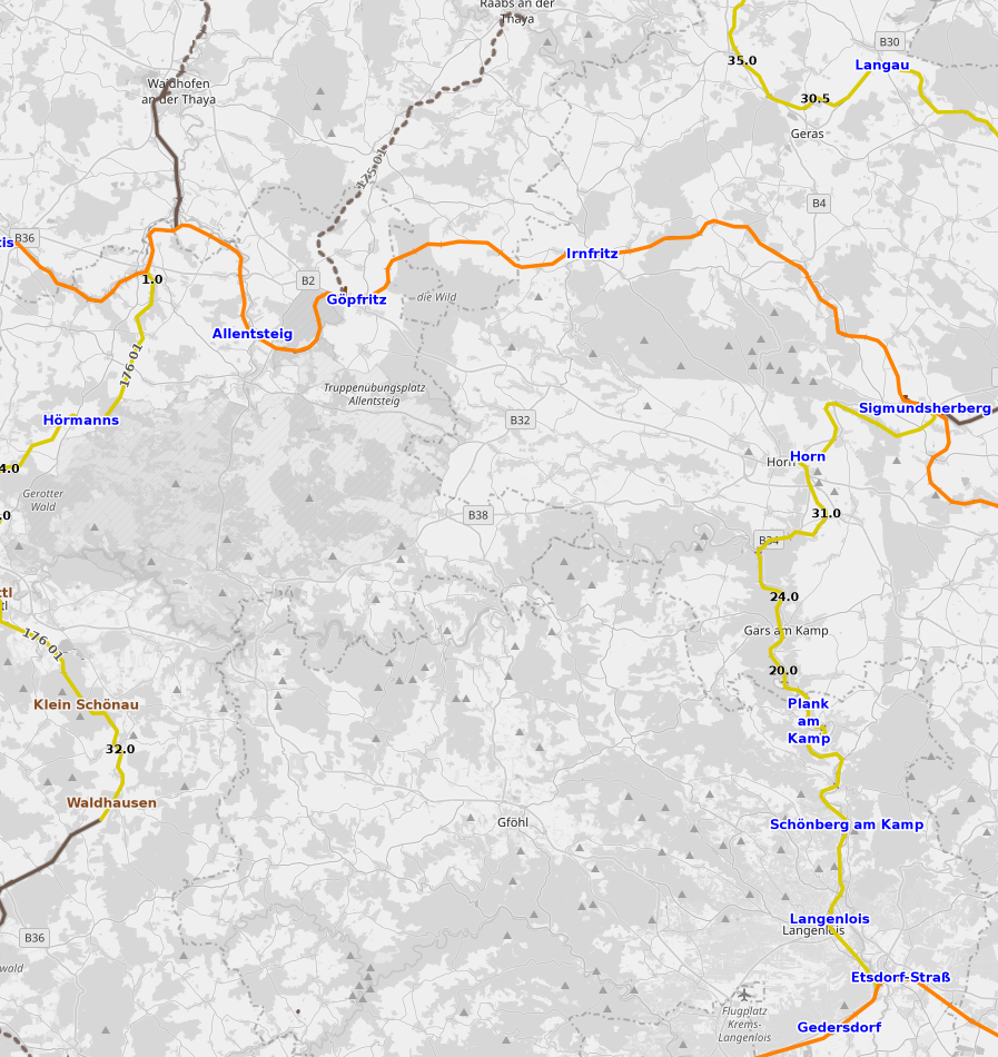 Karte von den Eisenbahnstrecken in den Bezirken Horn und Waidhofen/Thaya