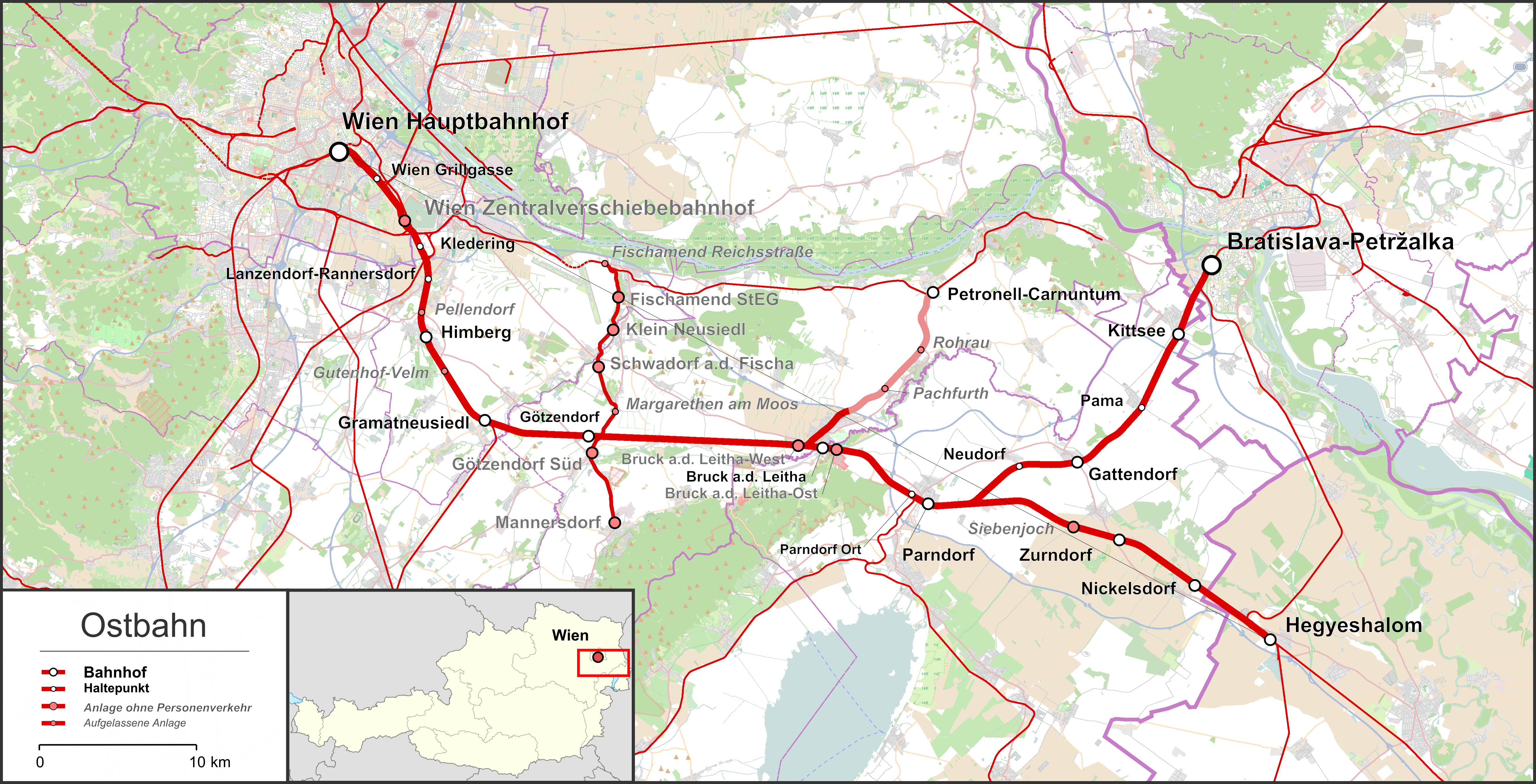 Übersichtskarte über die Ostbahn und die diversen Anschluss bzw. Nebenbahnen. Map data (c) OpenStreetMap (and) contributors, CC-BY-SA