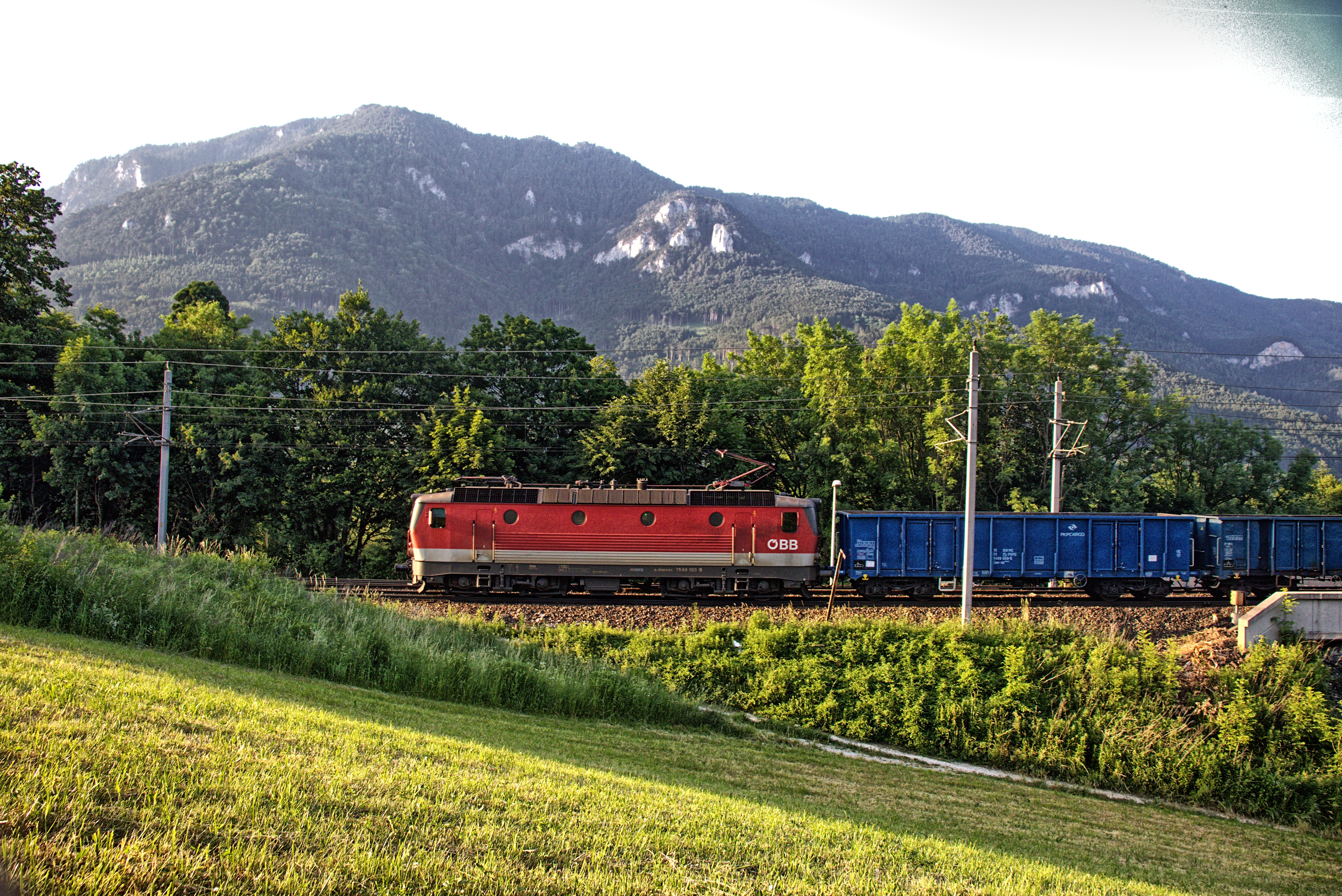 ÖBB 1144 mit einem Güterzug kurz vor dem Bahnhof Payerbach-Reichenau